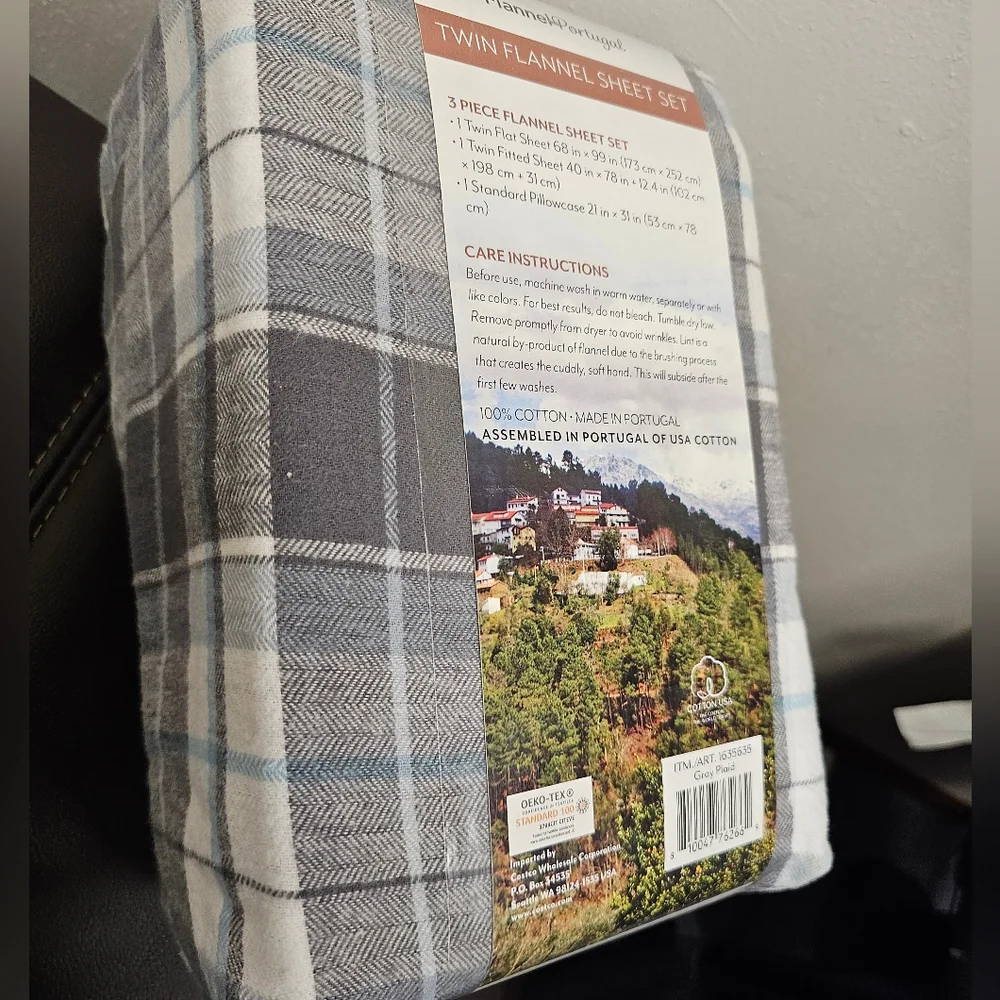 Portuguese Flannel 3-piece Sheet Set, Twin, NWT, gray plaid